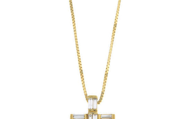 A baguette-cut diamond cross, with 18ct gold chain.