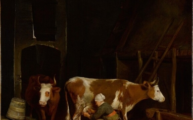 A barn interior with a maid milking cows, Studio of Gerard ter Borch