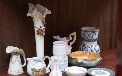 A collection of ceramics to include a miniature Wedgwood vase and other sundry examples, tallest Height 24cm