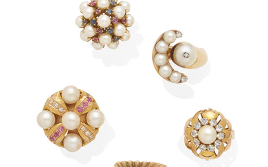 A collection of five cultured pearl, diamond and gemstone rings