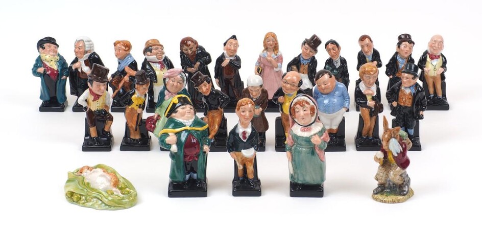 A collection of twenty four Royal Doulton Charles Dickens character figures, 20th Century, average height 11cm, together with a Royal Doulton Billie Bunnykins figurine, 'Cooling Off', 9.5cm high, and a Royal Albert Beatrix Potter figure, 'Timmy...