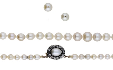 A cultured and simulated pearl necklace and a pair of ear studs,...