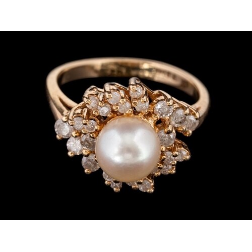 A cultured pearl and diamond ring,: the 7.5mm cultured pearl...