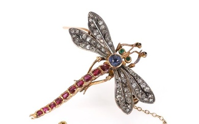 A diamond and gemstone set dragonfly brooch, c.1890