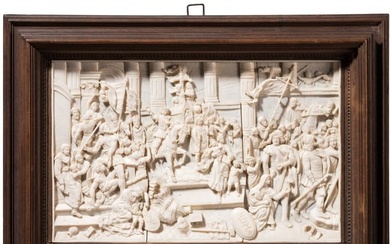 A framed ivory relief after a painting of W. Lindenschmit "Alaric in Rome" (the Sack of Rome 410)