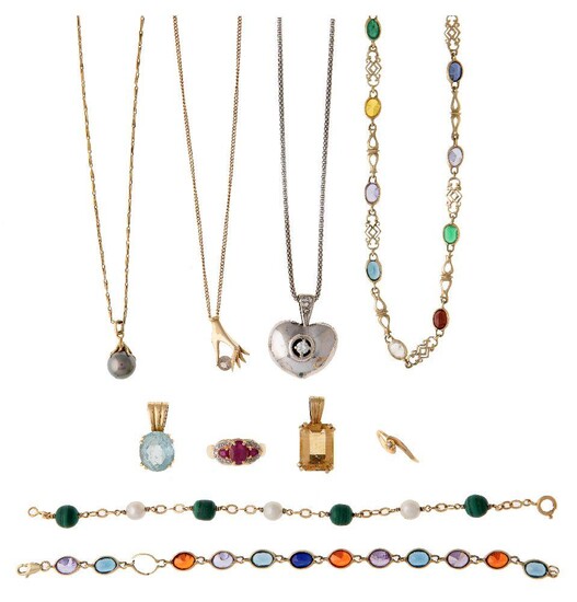 A group of jewellery, comprising: a diamond single stone heart pendant, with diamond single-cut four stone surmount, to a neckchain stamped 750; a claw-set aquamarine single stone pendant; a claw-set rectangular-cut citrine pendant; a staple-link...