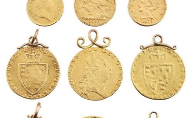 A group of nine pendant mounted gold...