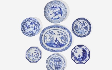 A group of seven assorted Chinese Export blue and white porcelain dishes, 18th / 19th century
