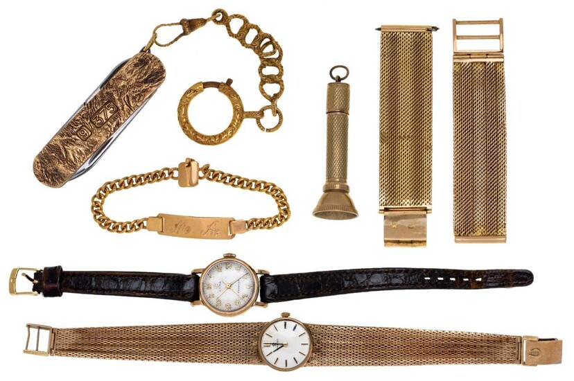 A group of watches and jewellery, comprising: a lady’s 9ct gold bracelet wristwatch by Omega, Birmingham hallmarks, length 19cm, approximate gross weight 30.9g; a flexible watch strap, Egyptian marks, approximate gross weight 34 grams; a curb link...