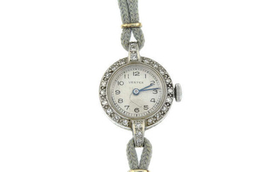 A lady's mid 20th century platinum and 9ct gold diamond cocktail wristwatch, by Vertex.