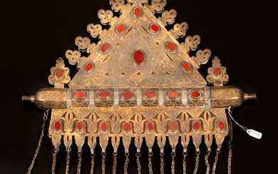 A large and impressive gilded silver and textile Tumar amulet chest ornament - Turkestan1870-1920
