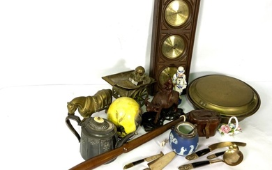 A large assortment of ephemera, including a Victorian brass and turned wood warming pan; a