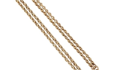 A late 19th century gold guard chain, of rope-link design,...