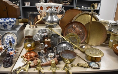 A mixed collection of brass, copper and silver plated items including four graduated shelf frogs