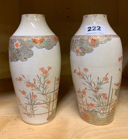 A pair of 19th Century Japanese satsuma pottery vases, H. 21cm. (both appear to have been reduced in height).