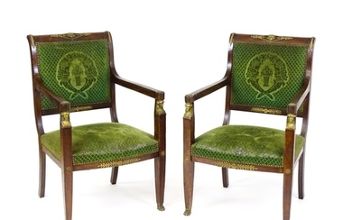 A pair of 19thC Empire armchair with brass neo classical sty...