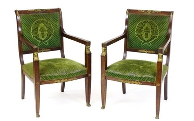 A pair of 19thC Empire armchair with brass neo classical style mounts including lozenges, masks and