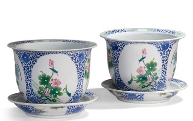 A pair of Chinese Export cache pots and trays