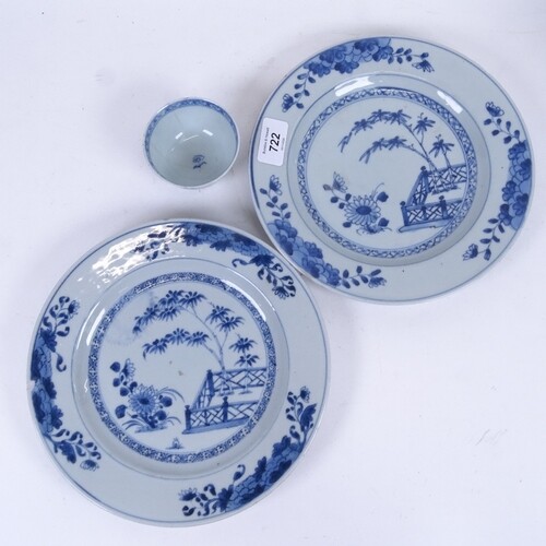 A pair of Chinese blue and white porcelain plates, hand pain...