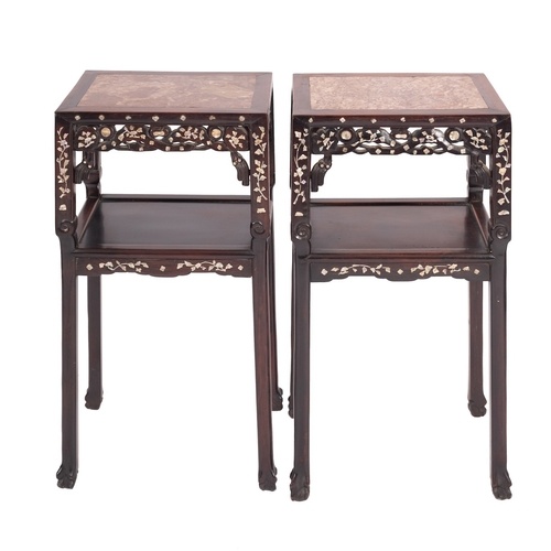 A pair of Chinese carved and stained hardwood and marble ins...