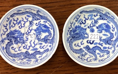 A pair of Chinese miniature blue and white dishes with dragon decoration. Signed to base.