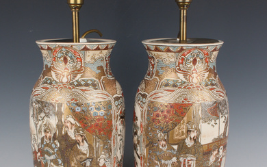 A pair of Japanese Satsuma earthenware vases, Meiji period, each of shouldered tapering form, painte