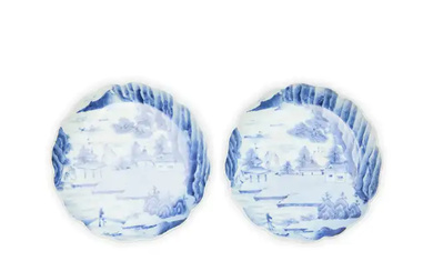 A pair of Japanese blue and white foliate rim dishes Meiji period...