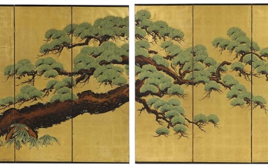 A pair of Japanese three-fold byōbu screens