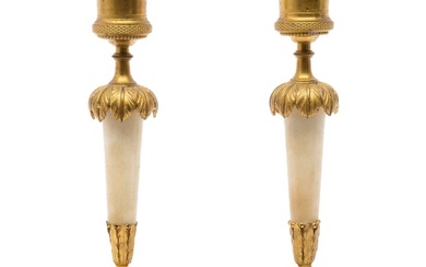 A pair of Louis XVI ormolu and alabaster candlesticks