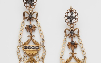 A pair of Neoclassical Sicilian 14k gold silver and diamond multi part vase pendant earrings.