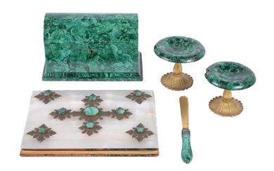 A pair of Russian malachite veneered and ormolu mounted small tazze
