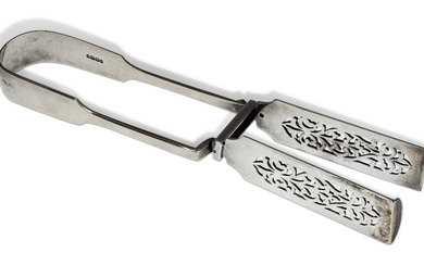 A pair of Victorian silver asparagus tongs, London, 1864, Chawner & Co., the fiddle pattern handle to two pierced rectangular blades, 25.5cm long, approx. weight 5.7oz