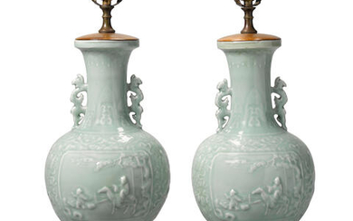 A pair of celadon-glazed vases, now mounted as lamps