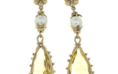 A pair of citrine and cultured pearl drop earrings.