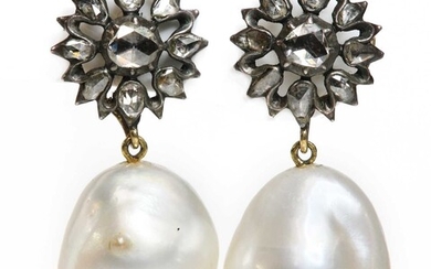 A pair of diamond and cultured South Sea baroque pearl drop earrings