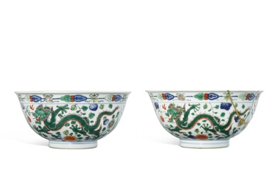 A pair of famille-verte 'dragon and phoenix' bowl, Seal mark...