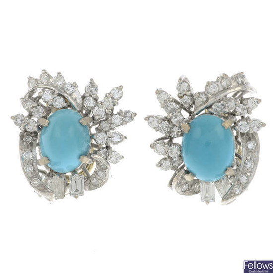 A pair of mid 20th century turquoise and vari-cut diamond cluster earrings.