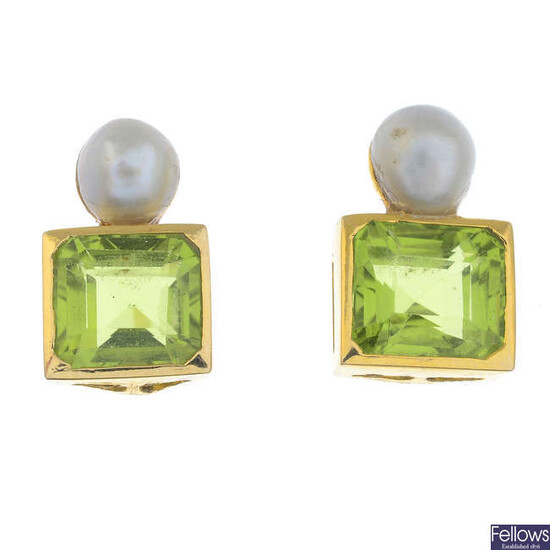 A pair of peridot and cultured pearl earrings.