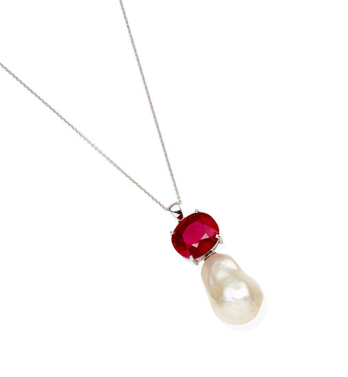 A ruby and baroque pearl pendent necklace