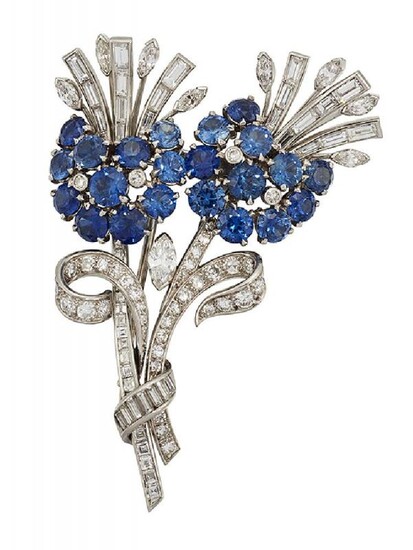 A sapphire and diamond brooch, of brilliant,...