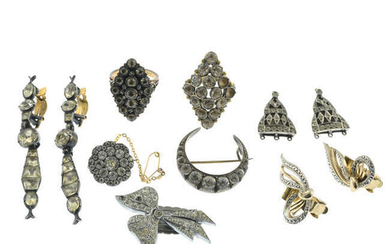A selection of colourless paste jewellery, to include a mid 19th century paste crescent brooch.