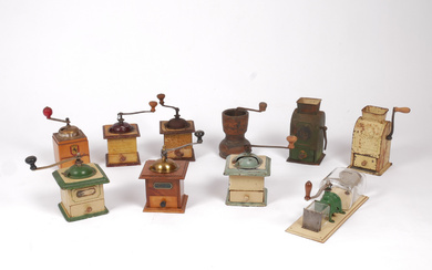 A set of 10 coffee grinders, wood and sheet, 18th/20th century.