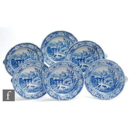 A set of six 19th Century blue and white transfer decorated ...