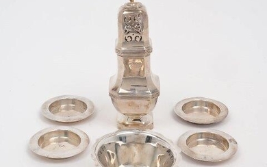 A silver sugar caster, Birmingham, 1946, maker's mark rubbed, the lid 1945, of canted squared form, 20.2cm high, together with a small silver bowl with shaped rim, Sheffield, 1934, Viners Ltd., and four silver ashtrays of plain, rounded form, total...