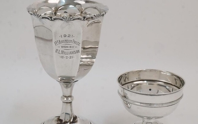 A silver trophy cup with scroll border, Birmingham, 1920, Henry Matthews, with presentation engraving to panelled body, 19.5cm high, together with a small footed bowl, London, 1919, Charles Boyton & Son, 8.7cm high, total weight approx. 10.8oz (2)