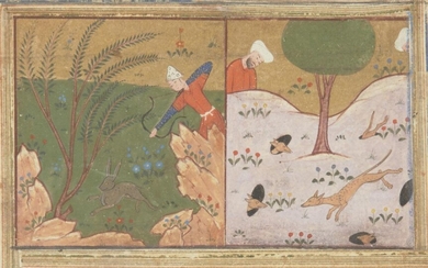 A small Safavid miniature of dogs hunting rabbits, Iran, 17th...