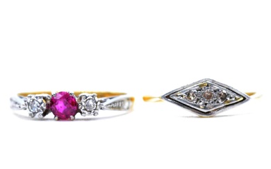 A synthetic ruby and diamond three stone ring, and another diamond three stone ring.