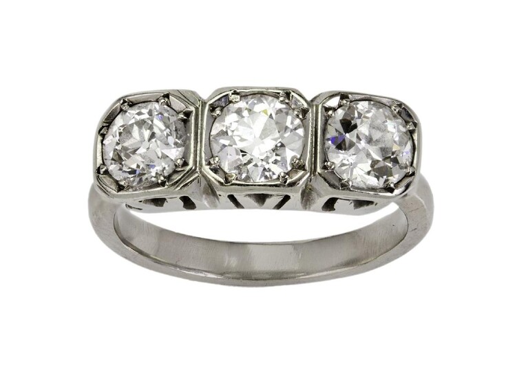A three stone diamond ring, box-collet set with three circular-cut diamonds, ring size N