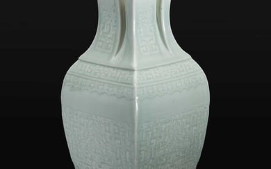 A very rare Chinese carved celadon-glazed porcelain “萬”-Mouthed Vase 珍罕粉青釉萬字口大瓶 Qianlong six-character seal mark in low relief and of the period 乾隆六字款 清 乾隆