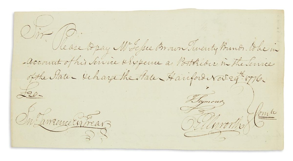 (AMERICAN REVOLUTION--1776.) Order to pay a military post-rider. Document Signed by T. Seymour...